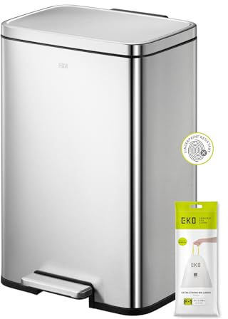 EKO Madison Recycling Bin 20+25 Litre, Built-in Handle, Two Removable Inner Buckets and Pedal Mechanism, Fingerprint-Resistant, Perfect for Kitchen & Home, Stainless Steel