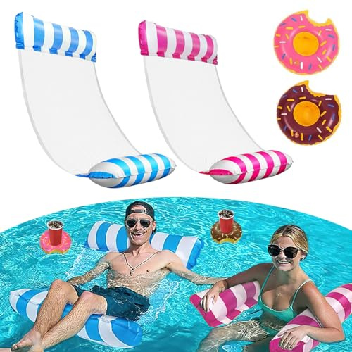 TAIHOBO Hamac Piscine, 2 Pièces Matelas Gonflable Piscine Durable, Matelas Piscine Filet avec 2 Porte-Gobelet Gonflable, Hamac Gonflable Facile À Transporter, pour Adultes et Enfants