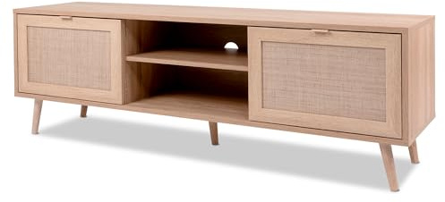 KHG TV-Lowboard hell-braun, Tür, 40 cm,x52, für Esszimmer und Wohnbereich | mit 2 Türen und 2 offenen Fächern modern Eiche-Optik, TV-Bank aus Holzwerkstoff Rattan-Optik, Gestell aus Massivholz