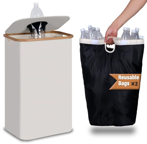 efluky 100L Poubelle Recyclage, Collecteur de Bouteilles Consignées avec Couvercle, Poubelle de Recyclage avec Trou, Rangement de Bouteilles Consignées avec Deux Sacs de Transport