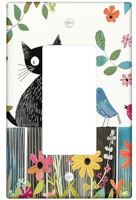 Cat and Bird Light Switch Cover Plate, Multicolor Floral and Animal Design Rocker Wall Plate, Spring Summer Home Decor, Style, Thermoplastic Single Rocker