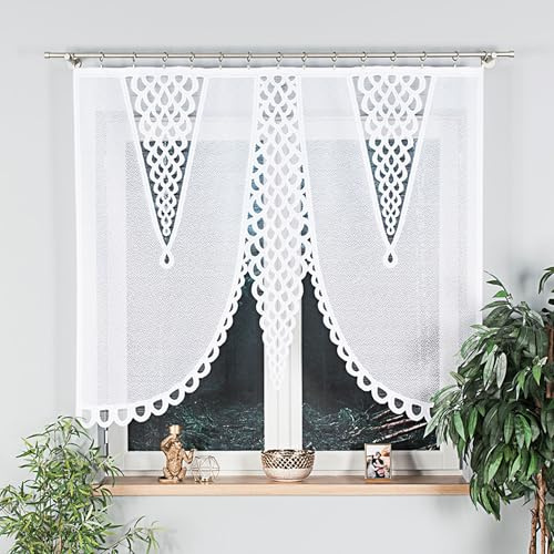 Gardinen Vorhangen Weiß 160x120 cm (BxH) Fabio Stores Küchengardinen Gardinen Kurz Jacquard Scheibengardine Vorhänge Fertiggardine Bogen Kurzstores Bistrogardine