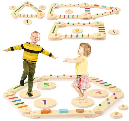 Aragallant Holz Kleinkinder Schwebebalken, Holz Balancierbalken Kinder mit 6 Balanciersteine Frei Kombinie und Farbigen Hindernissteinen, Montessori Balance Boards für Kinder Drinnen und Draußen