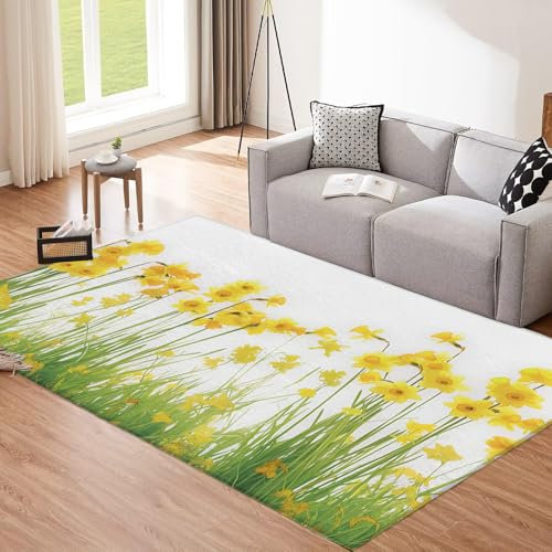 Weicher und Flauschiger Teppich, 120×180cm Waschbare Super Soft Anti-Rutsch Flauschig Hochflor Teppiche, Blumen Gelbe Blumen Niedriger Flor Flächenteppich für Wohnzimmer