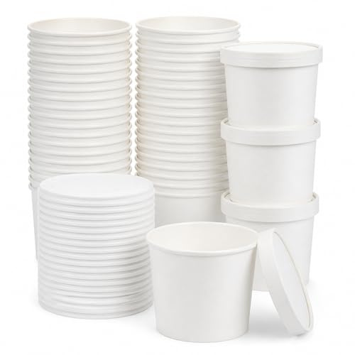 STARVAST Lot de 50 gobelets à soupe en carton avec couvercle, 480 ml, gobelets jetables avec couvercle, gobelets avec revêtement intérieur en PLA - Bols à soupe jetables pour boîte à salade, glace