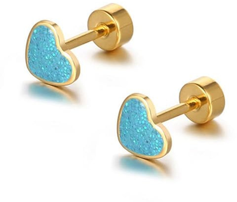 SIXDUTON Boucles D'oreilles Tige Forme Cœur Titane Pour Femmes Filles, Hypoallergéniques Plaqué Or 14 Carats En Acier Inoxydable Petites Paillettes Clous Pour Cartilage Tragus (Bleu)