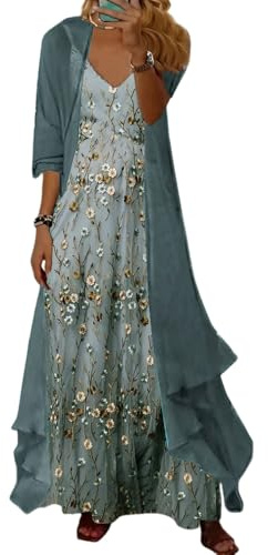 Donna Casual 2 Pezzi Set Boho Floreale Stampa Maxi Abito con Cardigan Fluido Chiffon Abiti da Sposa per le Donne (Fiore colorato * 01,M)