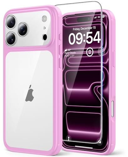 TAURI Cover per iPhone 17 Pro con Pellicola in Vetro Temperato,Protezione Completa della Fotocamera,Trasparente Custodia per Sottile Anticaduta - Rosa