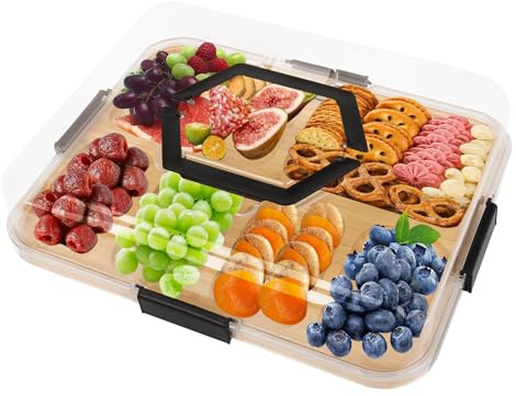 Delad serveringsbricka bärbar mellanmålsorganisatör med 6 fack transparent lock bord och handtag snackslåda för resor charcuterie tallrik organisatör