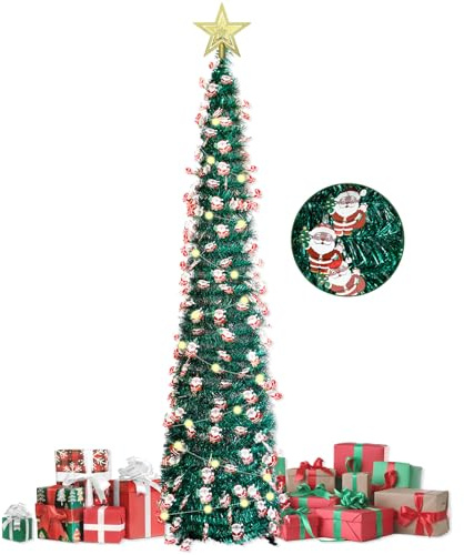 150cm albero di natale pop up con luci incorporate,christmas tree pieghevole con 1 stella e 50 Luci LED,albero di natale pronto in 5 minuti,decorazione d'interni natalizia,paillettes verdi