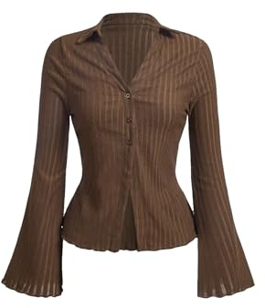 GORGLITTER Women's Striped Collar V Neck Long Sleeve Blouses Button Down Slim Fit Elegant Shirt Tops Brown Large