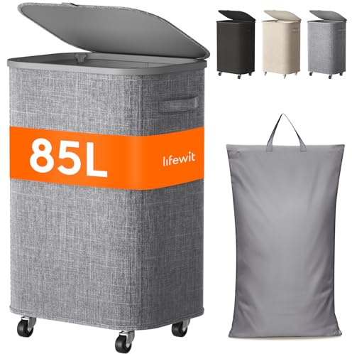Lifewit 85L stor tvättkorg med hjul och lock, ljusgrå