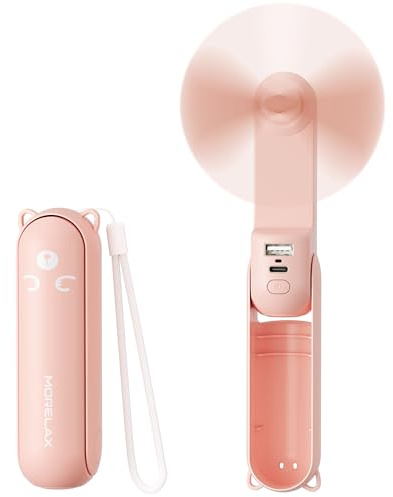 Morelax Mini Ventilateur Portatif, Petit Ventilateur Portable à Main, Ventilateur Rechargeable 3 en 1, Ventilateurs de Poche, Pliable Ventilateurs USB, Avec Batterie Externe, Lampe de Poche (Rose)