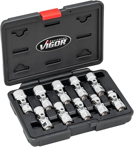 VIGOR Gelenksteckschlüssel Satz V7513, 10-tlg., 3/8 Zoll Vierkant, 10–19 mm, außen Doppelsechskant, kompakte Bauweise, für Motor, Getriebe, Fahrwerk