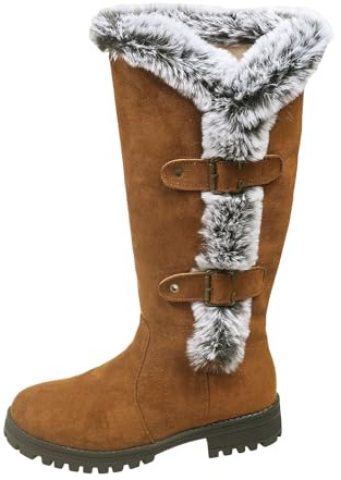 Stövlar dam Mid Calf stövlar plysch och varma långa damstövlar, fashionabla och avslappnade stövlar av mocka med tjock klack runt tåområde till mitten av vaden, gummistövlar lätta, BRUN, 38.5 EU