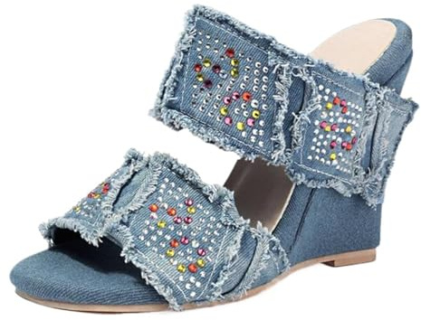CuteFlats Dam jeanstyg kilklack sandaletter med strass | trendigt denimmaterial med fransar, blå, 34 EU