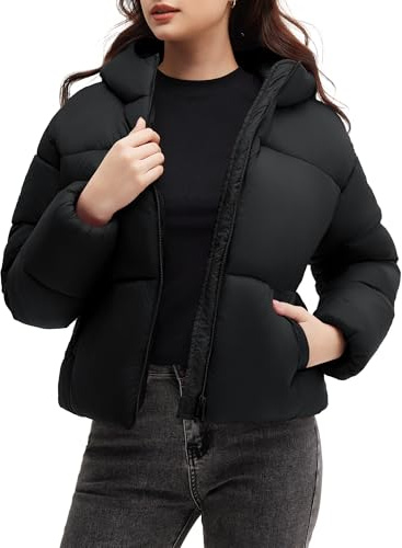 Polu Womens Cropped Puffer Jackets with Hood Long Sleeve Zip up Lightweight Padded Coat with Pockets (Black,S)