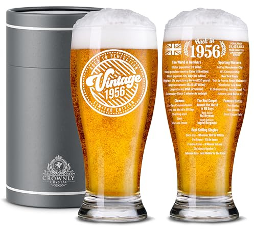 CROWNLY CRYSTAL 70th Birthday Gifts for Men Pint Glass 1956 570 ml Personalised Gifts for Men – Dad Husband Grandad Brother – Gift from Daughter Son Wife