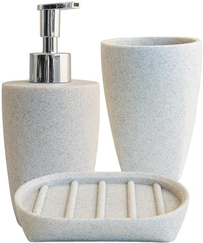 Schläfer 285300 | Set Bagno Completo serie Sable con Dispenser per Sapone, Portasaponetta, Portaspazzolino, Bicchiere da Bagno, Portasapone Liquido in Resina Colore Sabbia Effetto Pietra- 3 Pezzi