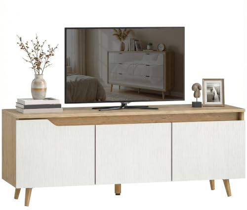 HOMCOM Mueble de TV Mesa de TV para Salón 120x35x45,5 cm Roble y Blanco | Con 3 Puertas, para Televisión de 55 Pulgadas, Estilo Moderno