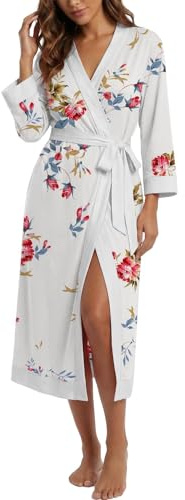 PrinStory Women Dressing Gowns 3/4 Sleeve Kimono Robes Casual V-Neck Bathrobe With Waistband For All Seasons (Rose White, L)