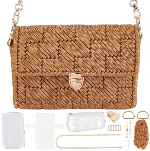 ORIGACH DIY Plastic Canvas Mesh Crochet Bag Kit, Quilted Flap Shoulder Bag Making Supplies with Blank Mesh Sheets, Metal Chain, Video Tutorials, Embroidery Needlepoint Craft Accessories, Khaki