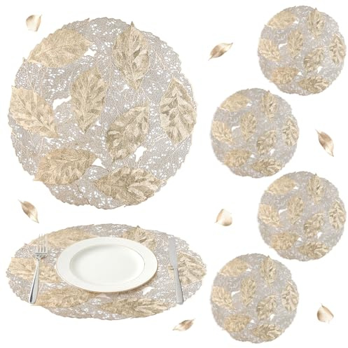 comfoyar Set di 6 Tovagliette Americane Oro Rotondo Foglia, Tovagliette Americane in Vinile Incavate Antiscivolo Lavabili e Impermeabili per Cucina Decorazione, Tavola di Feste e Pranzi 38cm