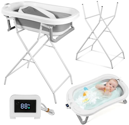 Ollewiellan Babybadewanne mit Gestell, faltbare Babywanne mit abnehmbarem wasserdichtem Thermometer, Badesitz & Ablaufsystem, ergonomisch, rutschfest, platzsparend, Grau