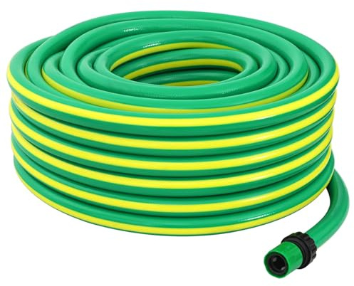 Kaloriko Manguera de jardín de 5 capas, verde amarillo, 1/2 pulgadas, 20 m, PVC con boquilla de jeringa, conector acoplador, manguera de agua flexible para riego de jardín, césped, terraza, bancal