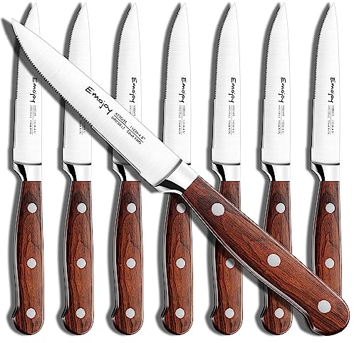 Emojoy Steak Knives, Steak Knife Set of 8, Highly Resistant and Durable German Stainless Steel Serrated Steak Knives with Gift Box