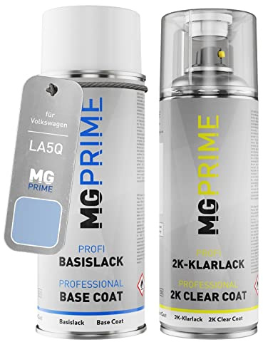 MG PRIME Autolack 2K Spraydosen Set für Volkswagen VW LA5Q / A5Q / 5R Shark Blue Metallic Basislack 2 Komponenten Klarlack Sprühdose