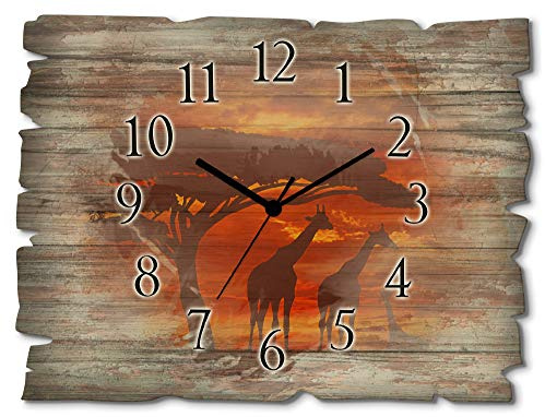 ARTLAND Wanddeko Wanduhr ohne Tickgeräusche aus Holz Quarzuhr 40x30 cm Rechteckig Lautlos Afrika Tiere Giraffe Safari Sonnenuntergang Kolonialstil S8WS