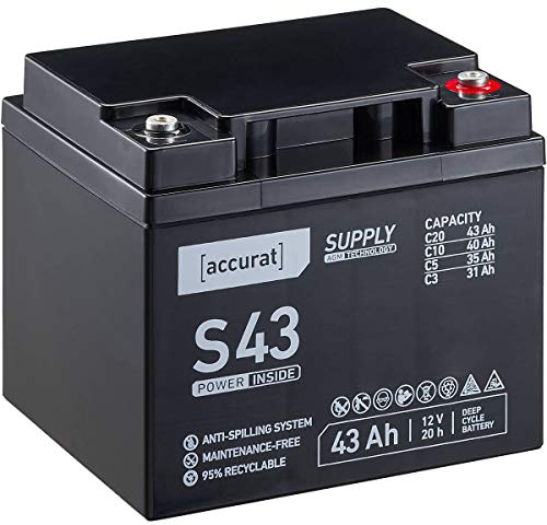 Accurat AGM Batterie S43-12V, 43Ah, zyklenfest, wartungsfrei, Blei Akku | VRLA Versorgungsbatterie, Solarbatterie, Bootsbatterie für Wohnmobil, Wohnwagen, Camper, Bootsbatterie, Mehr Sicherheit