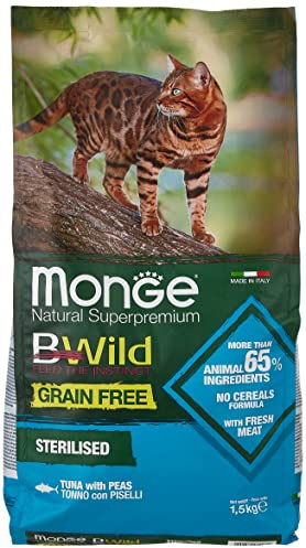 Monge BWild Trockenfutter für Katzen (Katzenfutter trocken getreidefrei, Katzenfutter trocken mit Thunfisch und Erbsen, sehr Ballaststoff- & Vitaminreich, hochwertiges Katzen Trockenfutter, 1,5 kg)