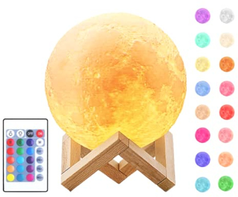 Jandei - Lámpara Luna 3D LED, 16 Colores RGB, Control Táctil y Remoto, Regulable, Luz Nocturna 15 cm con Soporte de Madera y Cargador USB Incluidos. Para Regalos, Dormitorio de niños, Hogar, Navidad
