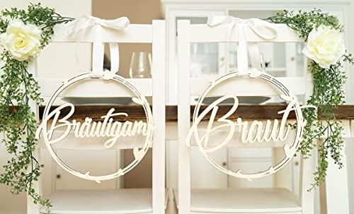 Hochzeitideal - 2 Stuhlschilder Hochzeit - Emma Braut und Bräutigam in Weiß - Holzschild - schöne Hochzeitsdeko - Schriftzug aus Holz - Holzdeko für Stühle