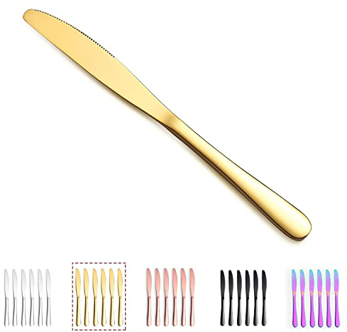 Kyraton Golden Dinner knifes 6 Pieces, Titanium Plating Gold Stainless Steel 22.8 cm Steak Knives Set Table Knives, Flatware Butter knife Knives Set Cutlery Set, Dishwasher safe.