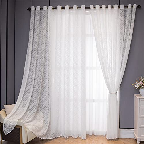 Voile Gardinen Vorhang Gardinen Transparent , 2 Stück Gardinen Vorhänge Vorhang Blickdicht mit Ösen Wohnzimmer Schlafzimmer Stores Küche - Weiße Wellen(B132 x H138cm)