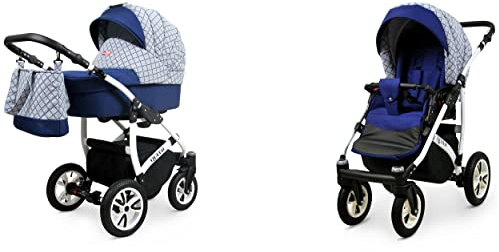 BabyLux Queen 2-in-1 Baby Kinderwagen Tief und Kinderwagen mit Zubehör Verstellbar und faltbar Aluminium Konstruktion Wasserdicht Nicht abnehmbare Räder Sailor Blue