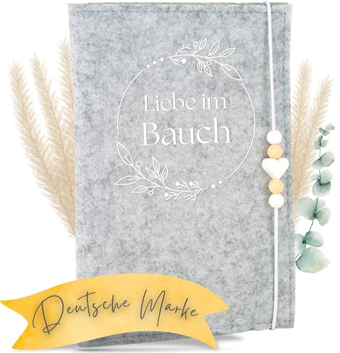 MAHEWA® Premium Mutterpasshülle aus Filz für den Deutschen Mutterpass - mit Fach für Ultraschallbilder und Kärtchen und Stift - Schutzhülle (Liebe im Bauch Design 2, Hellgrau)