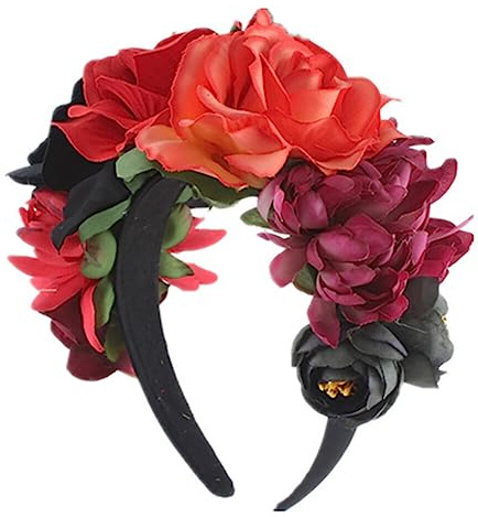 Haarreif Dia de los Muertos Halloween Rosen Haarreifen,Tag der Toten Blumenkrone, Mexikanische Blumen-Haarbänder Stirnband,Damen Haarband Party Kostüm Rose Blume Krone Kopfschmuck Cosplay Haarschmuck