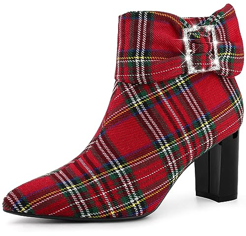 Perphy Plaid Pointy Toe Rhinestone Bow Zipper Chunky Heels Ankle Boots for Women Red 6 UK/Label Size 8 US