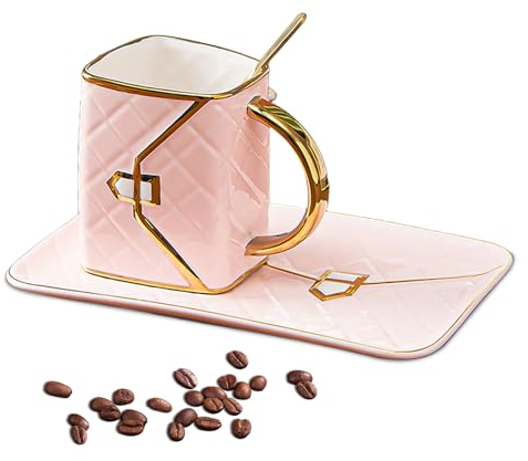 YIDM Ensemble de Tasses et Soucoupes Tasses à Café Créatives en Forme de Sac à Main, Tasse à Thé en Céramique Avec Cuillère, Tasses à Expresso Service à Café Porcelaine, 310ml (Rose)