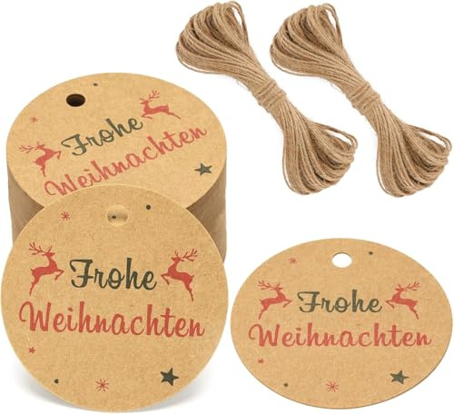 G2PLUS 100 Stück Frohe Weihnachten Geschenkanhänger Braun, 5.5cm Papier Frohe Weihnachten Anhänger, Rund Etiketten mit Rentier für Geschenkverpackungen