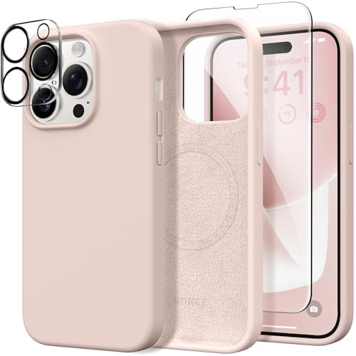 GONEZ 3 in 1 für iPhone 14 Pro Max Hülle, Kompatibel mit Magsafe, mit 1X [Bildschirmschutz + Kameralinsenschutz], Schlankes Magnetisches Silikon, Ganzkörper Hülle, Rosa