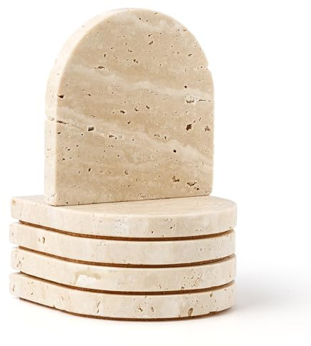 WORHE Marmor-Untersetzer,Beige Travertin Stein Marmor 5er-Set mit Korkboden | saugfähige Untersetzer für Teetassen, Kaffeetassen, Weingläser, geeignet für Haus, Bar und Büro (DL020)