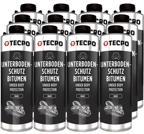 TECPO 12x Bitumen Unterbodenschutz schwarz, 1 Liter Steinschlagschutz UBS Autolack Rostmittel Korrosionsschutz mit Anti-Dröhn-Wirkung in Saugdose 1L