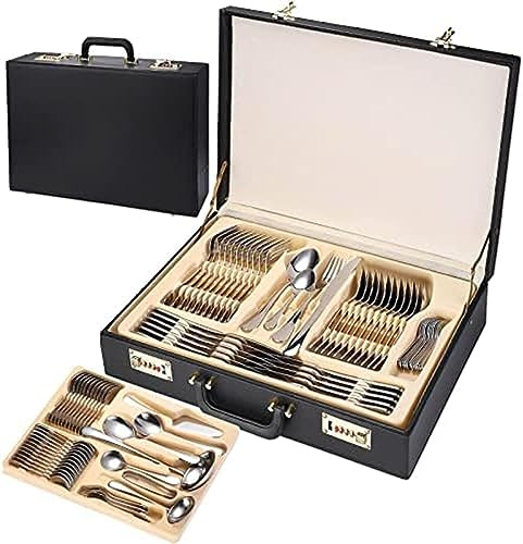 Set di valigie regalo in pelle da 84 pezzi Set di posate da tavola in acciaio inossidabile per cucine familiari Ristoranti e hotel Lucidato a specchio può essere lavato nel piatto Oro