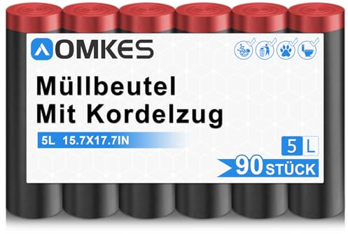 AOMKES 5L Schwarz Müllbeutel Mit Zugband, 90 Stück, Blickdicht | Reißfest Und Auslaufsicher, Mit Praktischem Kordelzug, Ideal Für Badezimmer Kosmetikeimer Und Kleine Abfallbehälter