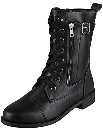 Botas militares para mujer, color negro, botas de tacón con cremallera, botas laterales de motocicleta, botas de caballero gruesas, botas para mujer, botas para mujer, Negro , 39 EU